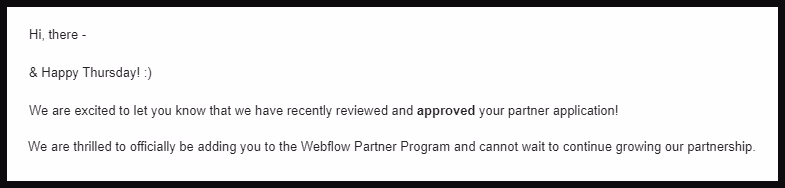 Webflow acceptance letter into Partner program